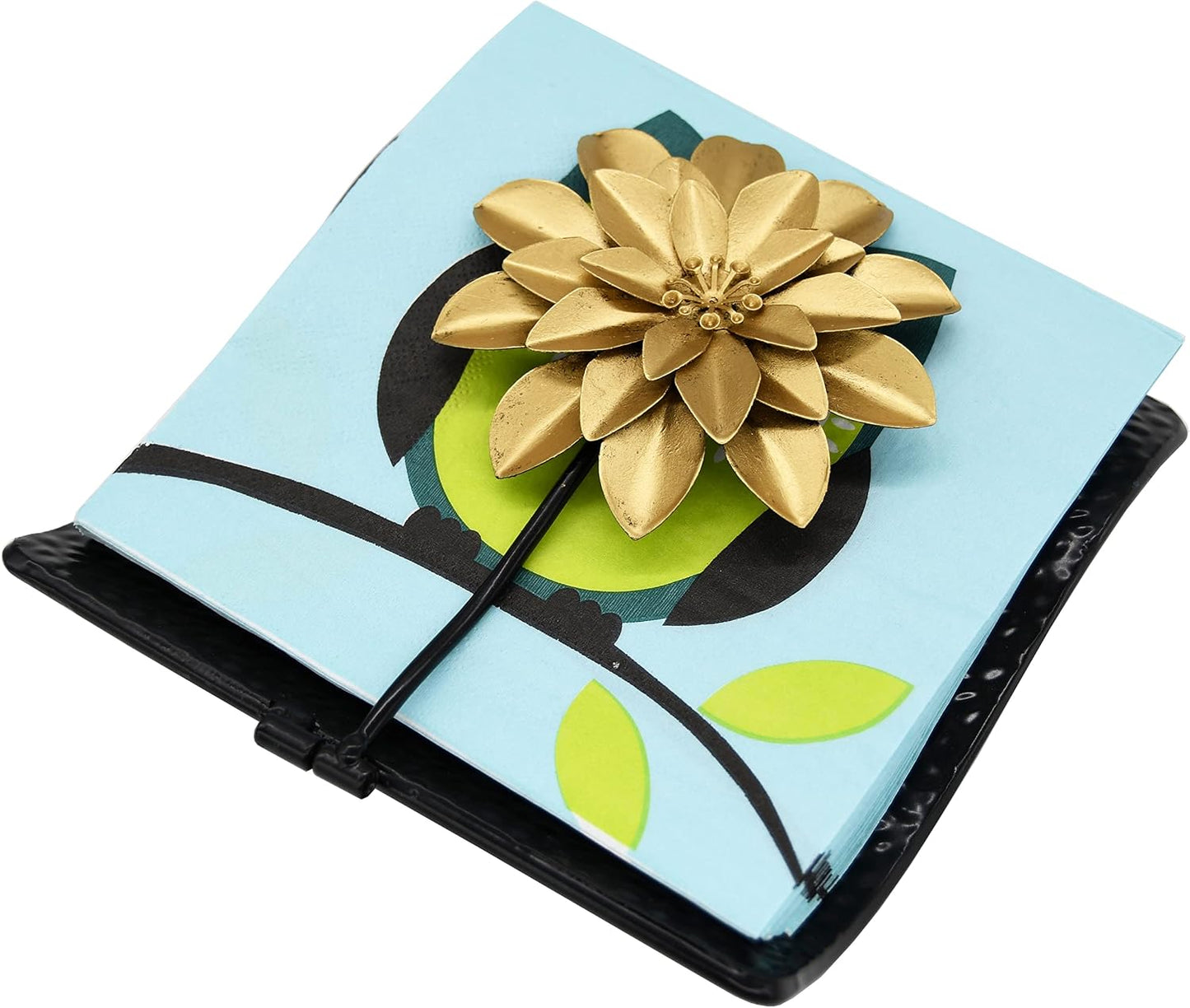 Flat Napkin Holder w/Golden Flower Weighted Arm / Black