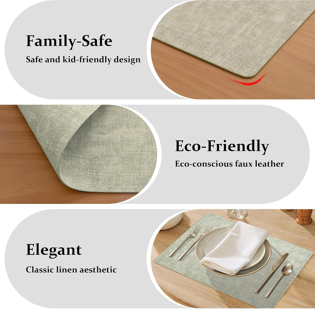 FROMHEART Faux Leather PU Placemats Set of 8 (Light Green,11.8" x 17") | Waterproof,Heat/Oil Stain-Resistant Table