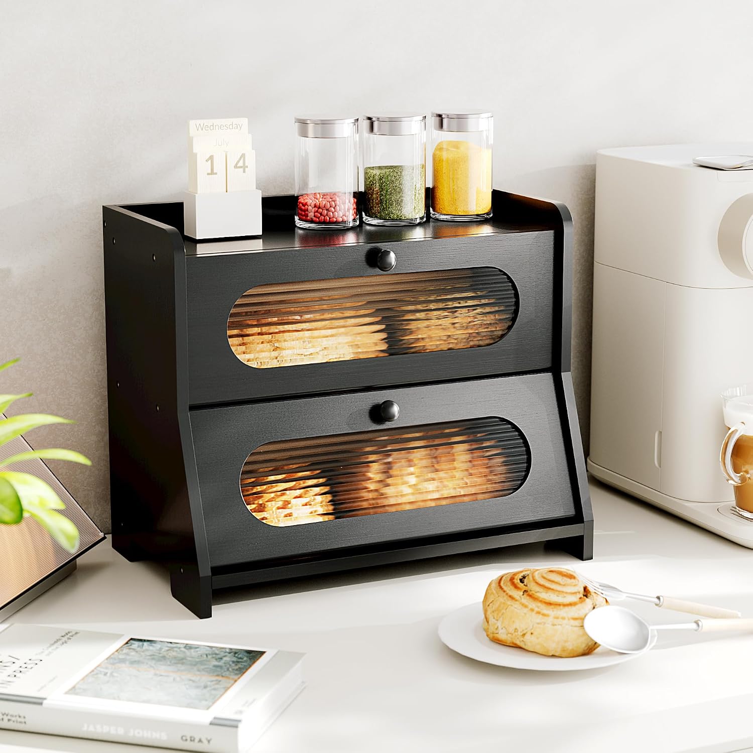 Bread Box,Extra Large 2-Tier Bamboo Bread Box for Kitchen Countertop,Bread Storage Container with Magnetic Acrylic Door