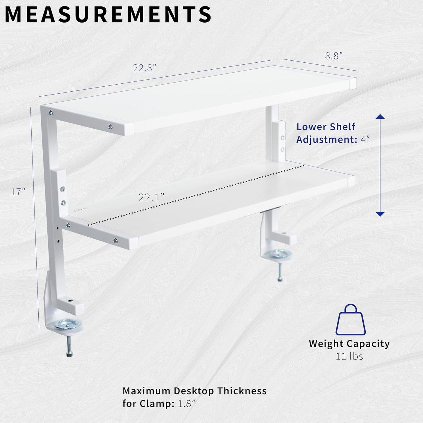 VIVO White Clamp-on 24 inch 2-Tier Desk Shelf, STAND-SHELF24C-W | Above or Below Desk, 2 Level Shelving Unit for Table