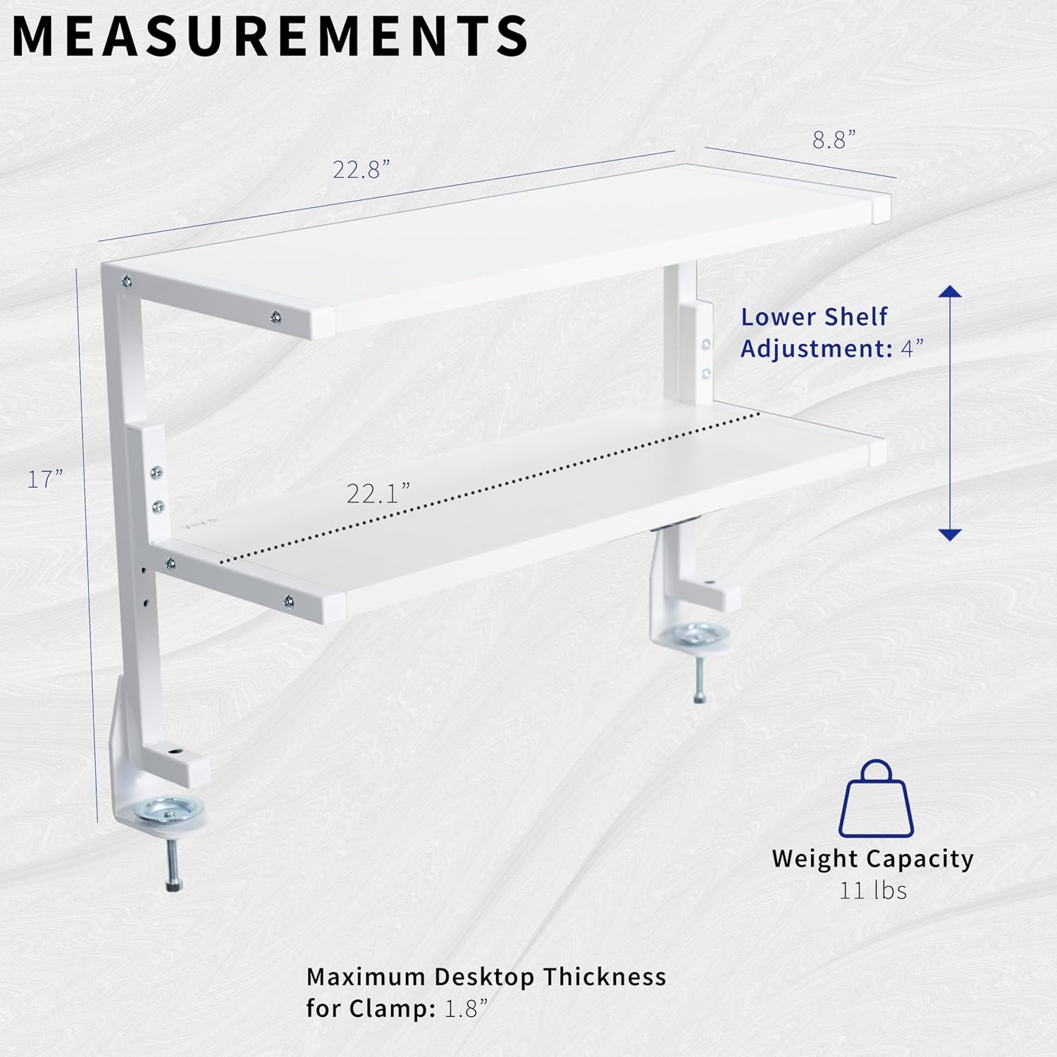 VIVO White Clamp-on 24 inch 2-Tier Desk Shelf, STAND-SHELF24C-W | Above or Below Desk, 2 Level Shelving Unit for Table