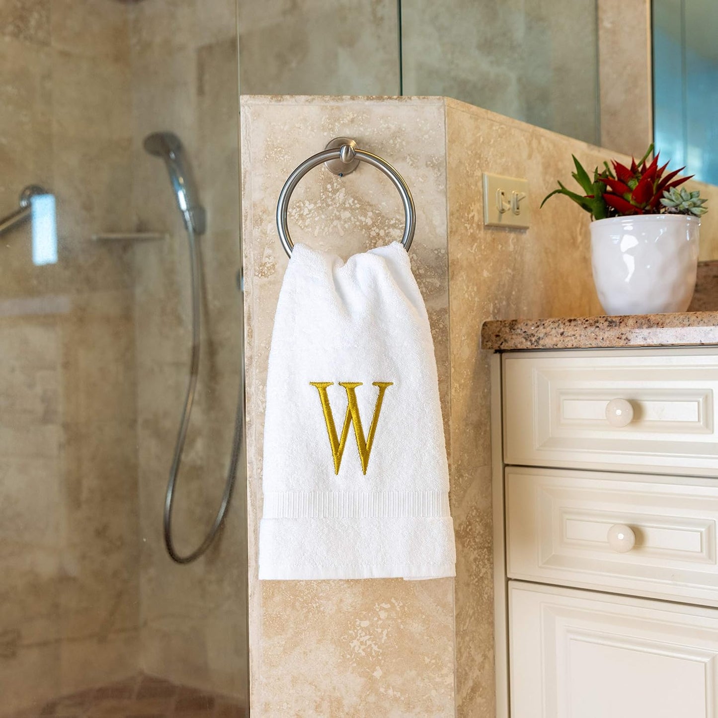 White with Gold Monogrammed Hand Towels for Bathroom - Set of 2 Letter W | Luxury Hotel Quality Initial Towels For