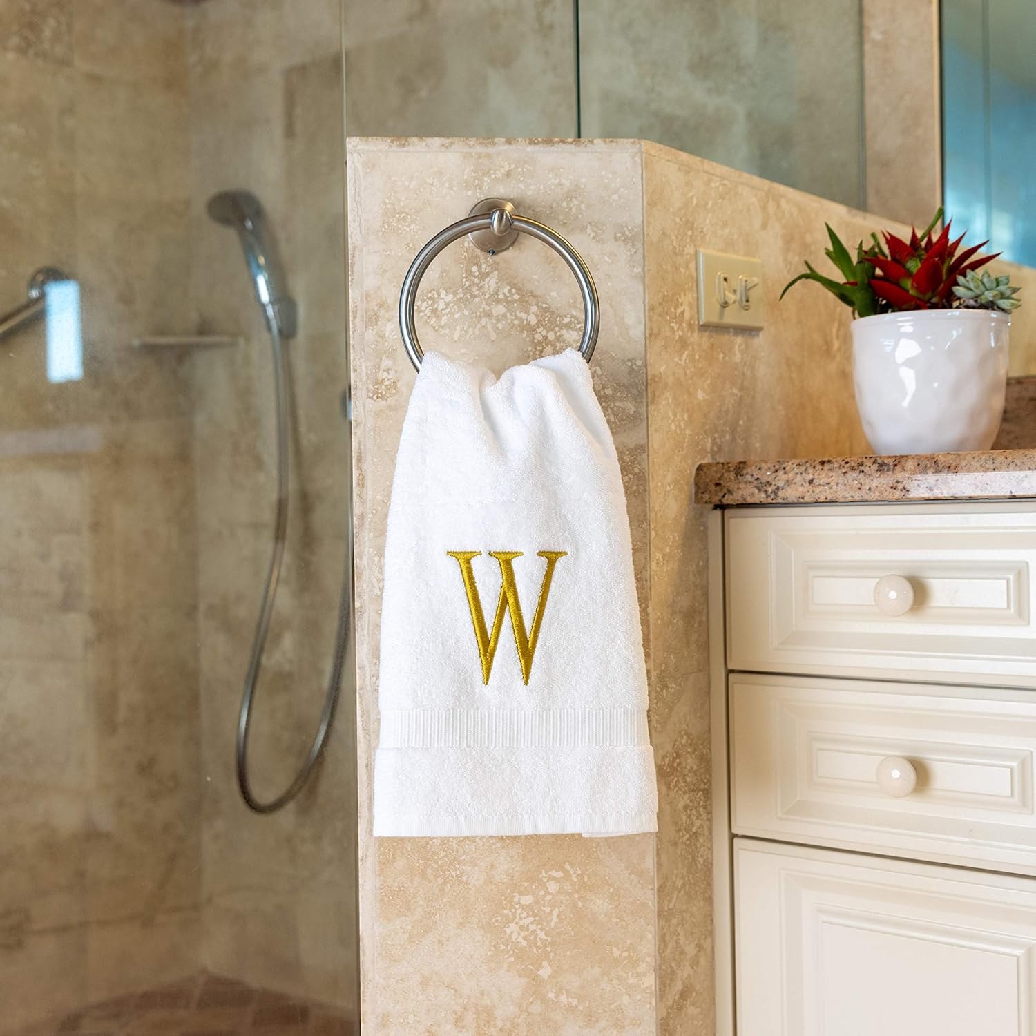 White with Gold Monogrammed Hand Towels for Bathroom - Set of 2 Letter W | Luxury Hotel Quality Initial Towels For