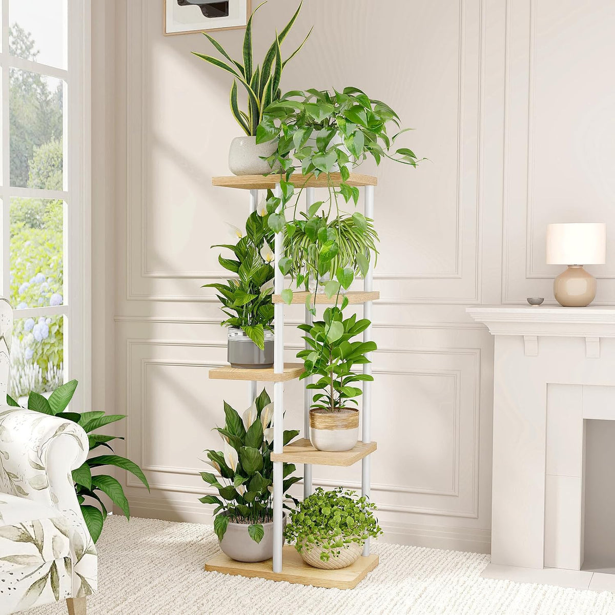 Bamworld Plant Stand 5 Tier Corner Shelf for Multiple Plants White | Tiered shelf makes efficient use of corners in