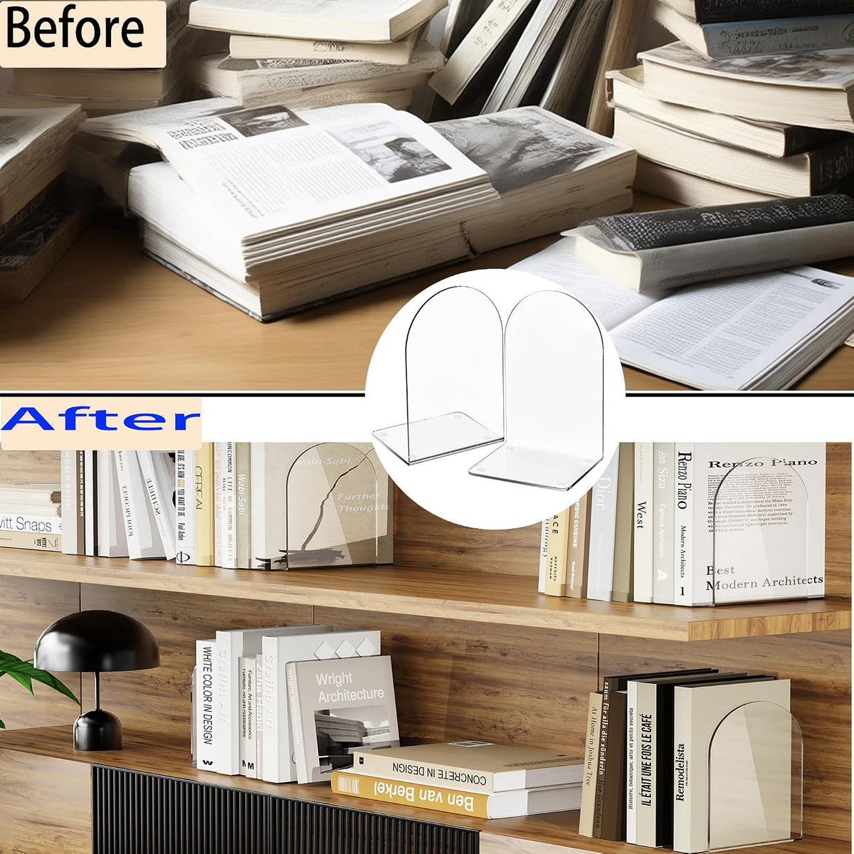 Acrylic Book Ends 12 Pcs, Clear Bookends, Bookend Organizer for Shelves | Transparent Book Stoppers, Decorative Book