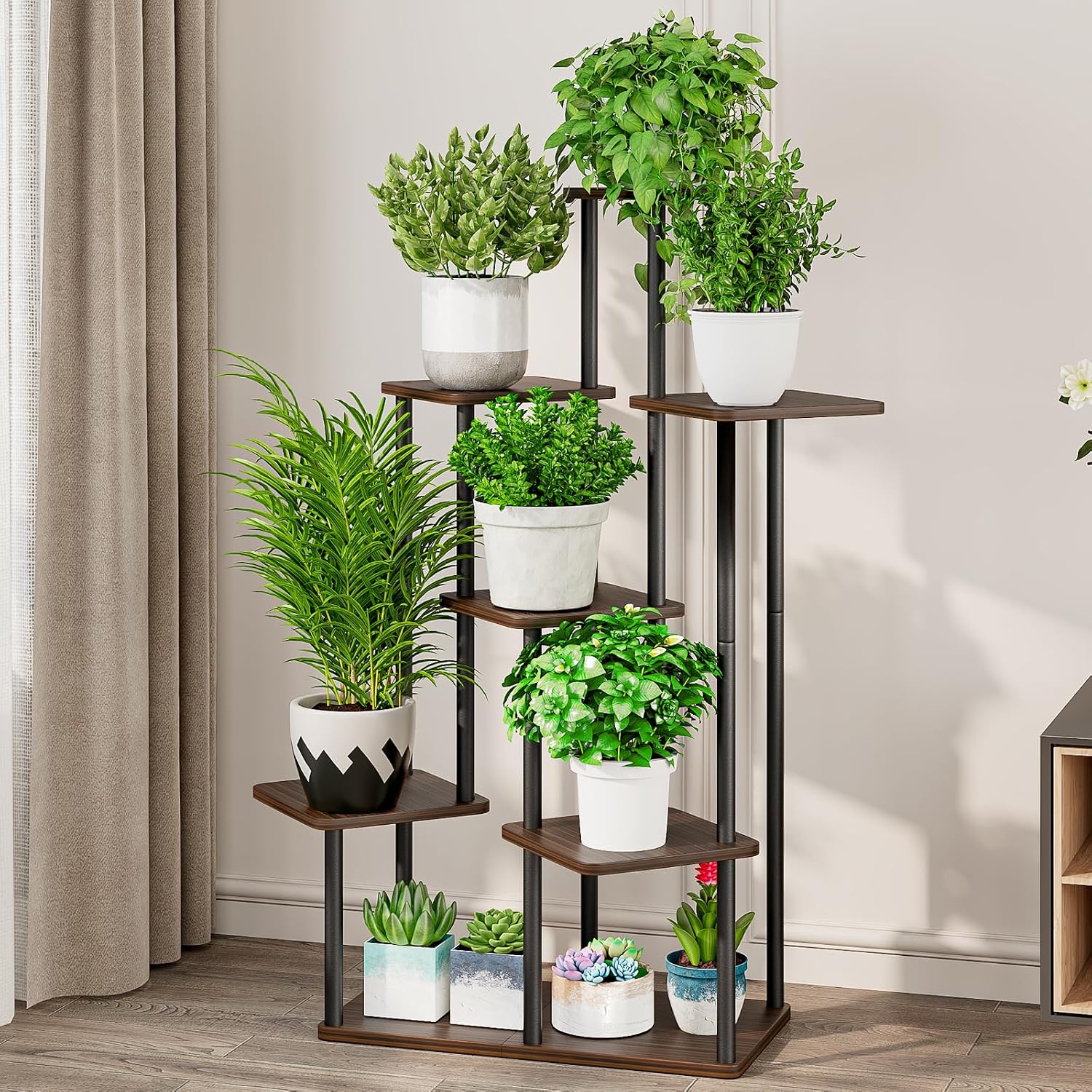 7 Tier Tall Plant Stand Indoor Corner Tiered Shelf Metal MDF Board | Sturdy Metal Frame,Space-saving Tiered Design