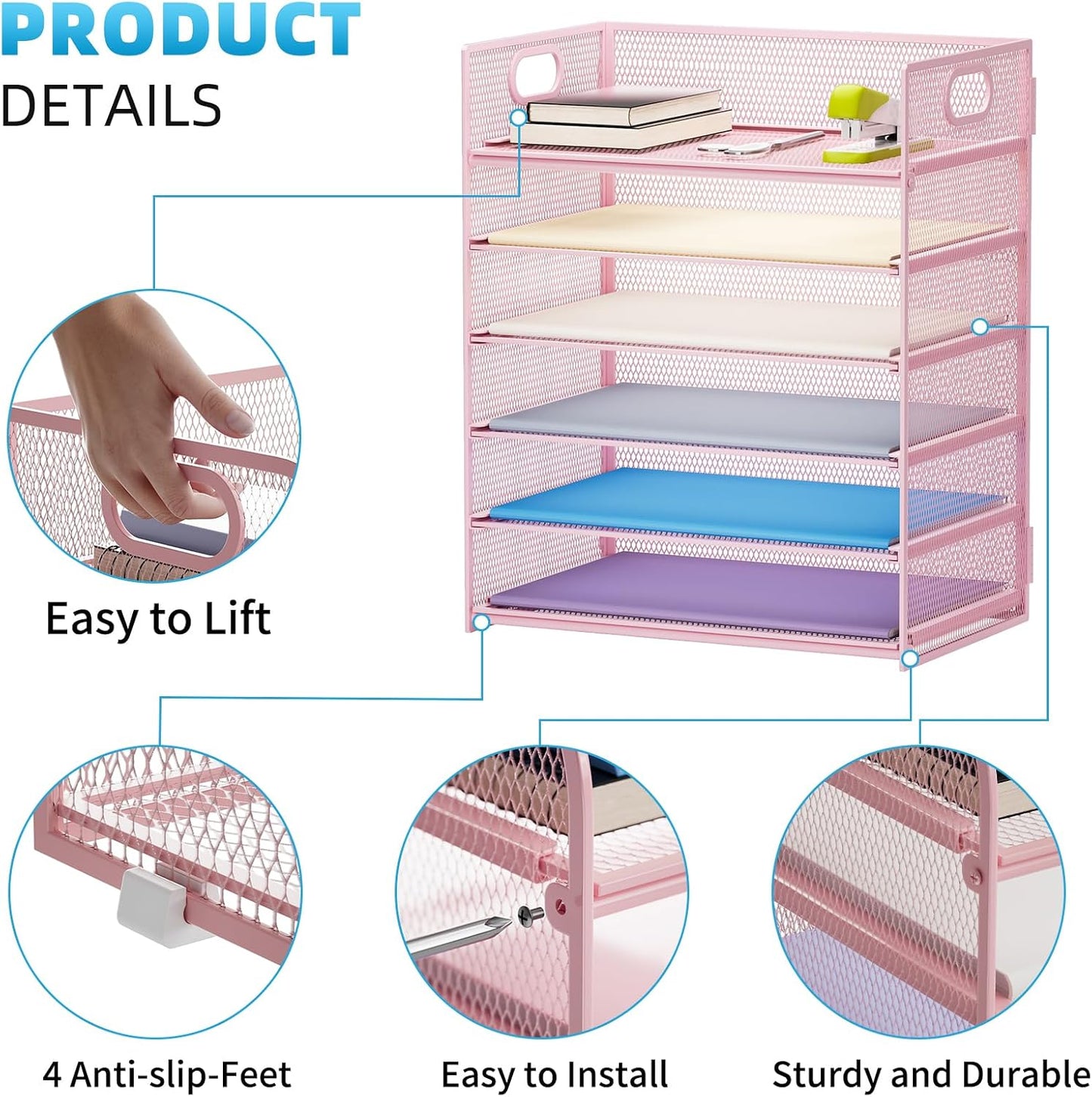 Marbrasse 2 Pack Desk Organizer with Handle, 6 Tier Paper Letter Tray, Mesh Desk File Organizer for Office, School and