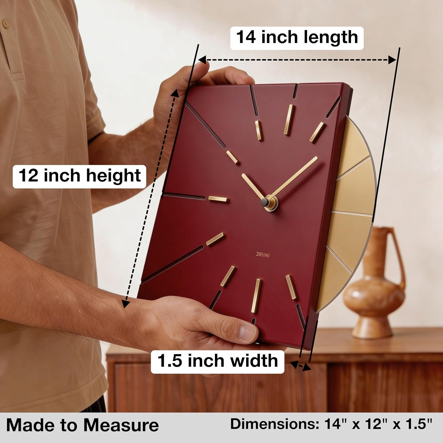 Driini Clocks Mid Century Modern Wall Clock - Square Red Clock with Decorative Gold Accent- Unique and Cool Clock