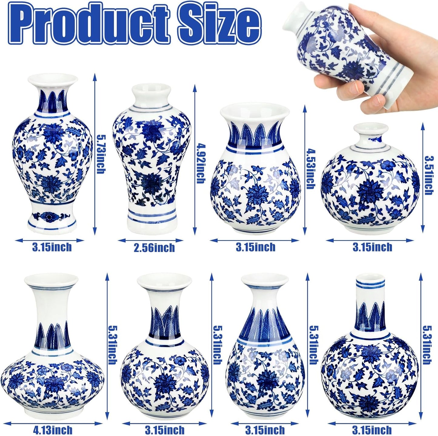 Mini Chinoiserie Bud Vases Ceramic and White Floral Chinese Porcelain / Elegant / Blue / Set of 8