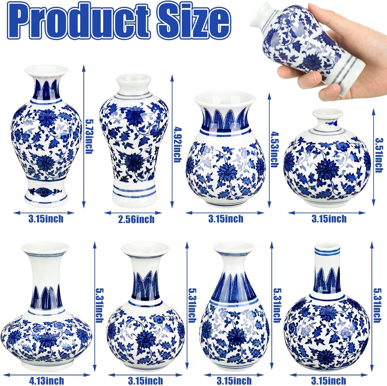 Mini Chinoiserie Bud Vases Ceramic and White Floral Chinese Porcelain / Elegant / Blue / Set of 8
