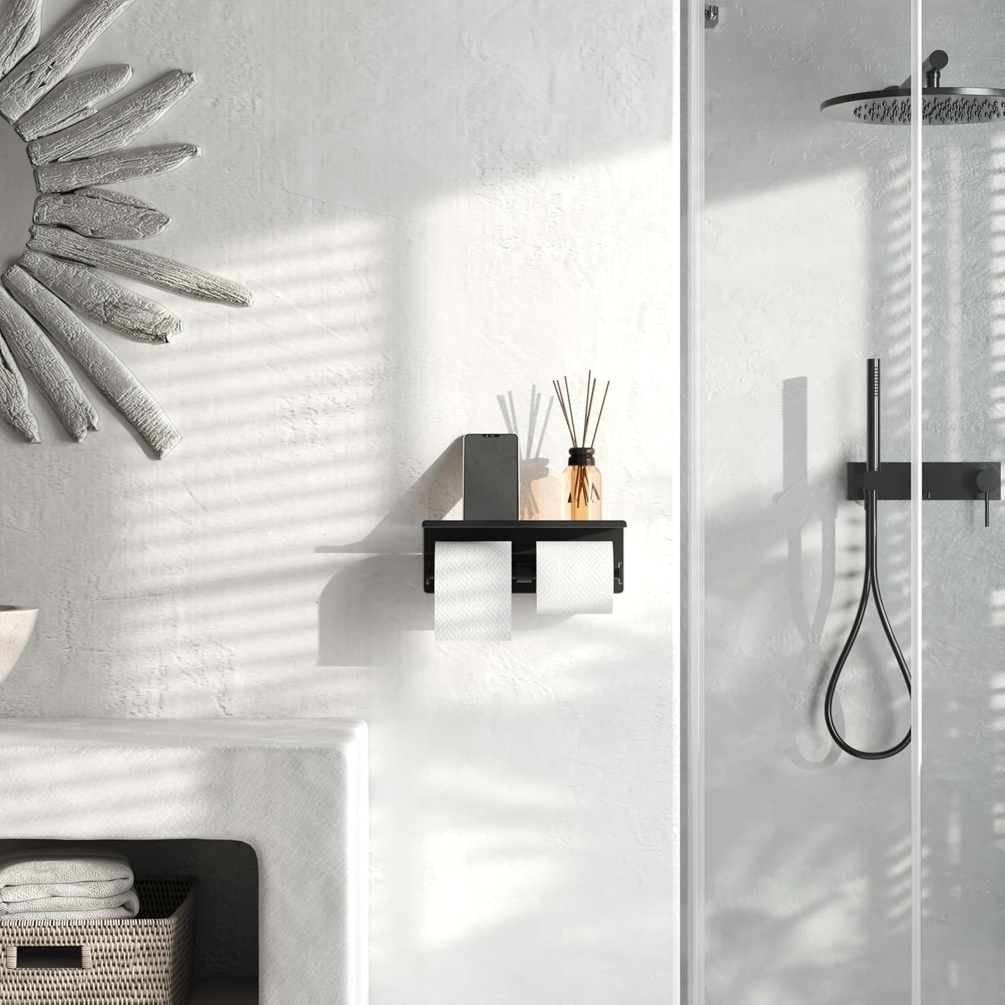 Black Toilet Paper Roll Holder with Shelf Wall Mounted for Bathroom (Black, Double Head)