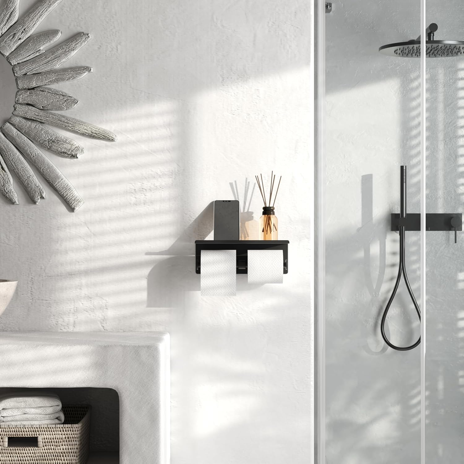 Black Toilet Paper Roll Holder with Shelf Wall Mounted for Bathroom (Black, Double Head)
