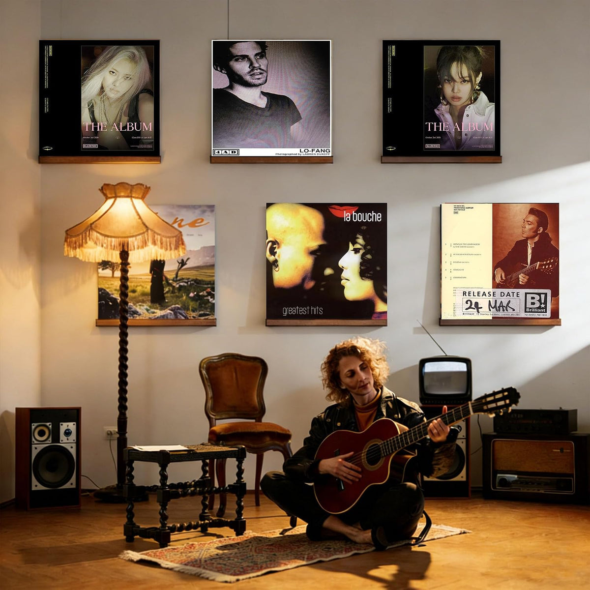Record Wall Display No Drill with 2 Mount Options(Adhesive & Screws), 10 Pack Walnut Wood Vinyl Shelf, Vinyl Wall