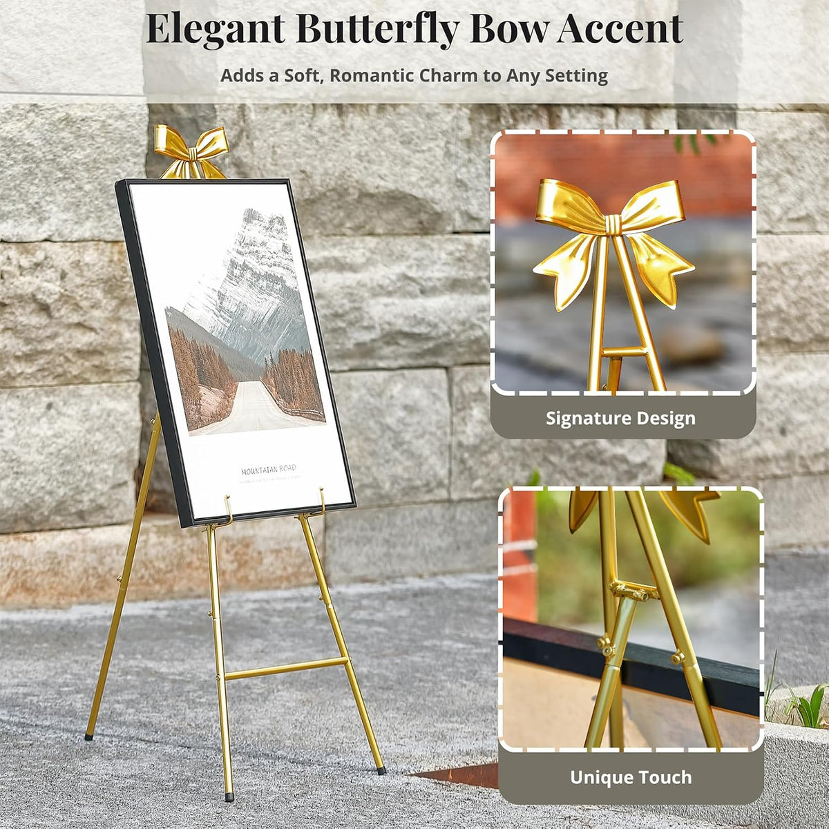 53”H Metal Gold Easel Stand for Sign Heavy Duty with Bow Top | Large Adjustable Display Standing for Wedding Displaying