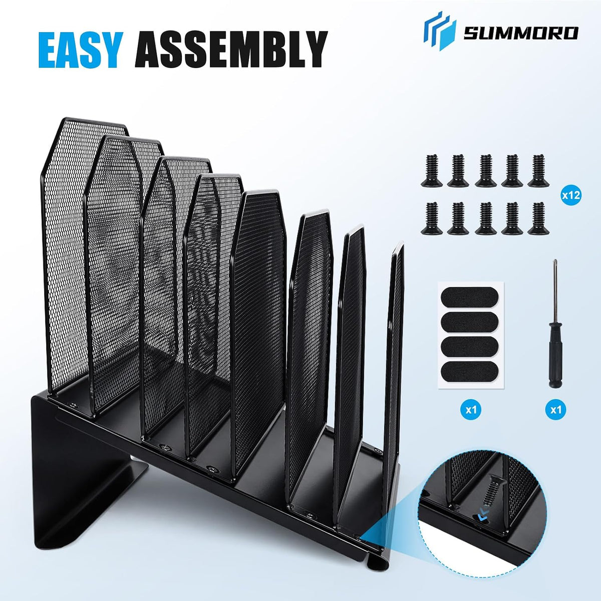 SUMMORO Inclined File Organizer for Desk, 7-Section Vertical File Holder | Office Desk Organizer Metal Rack File