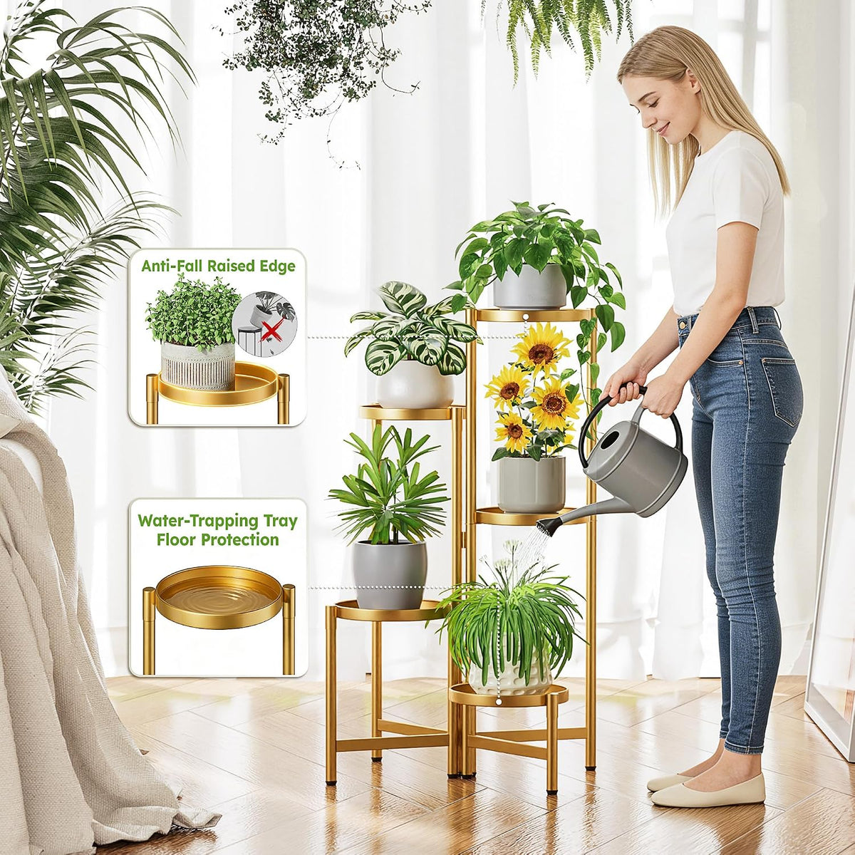 Gold Stand Plants, 5 Tiered Plant Stand Indoor for Multiple Large Planter, Tall Heavy Duty Adjustable Folding Rack with