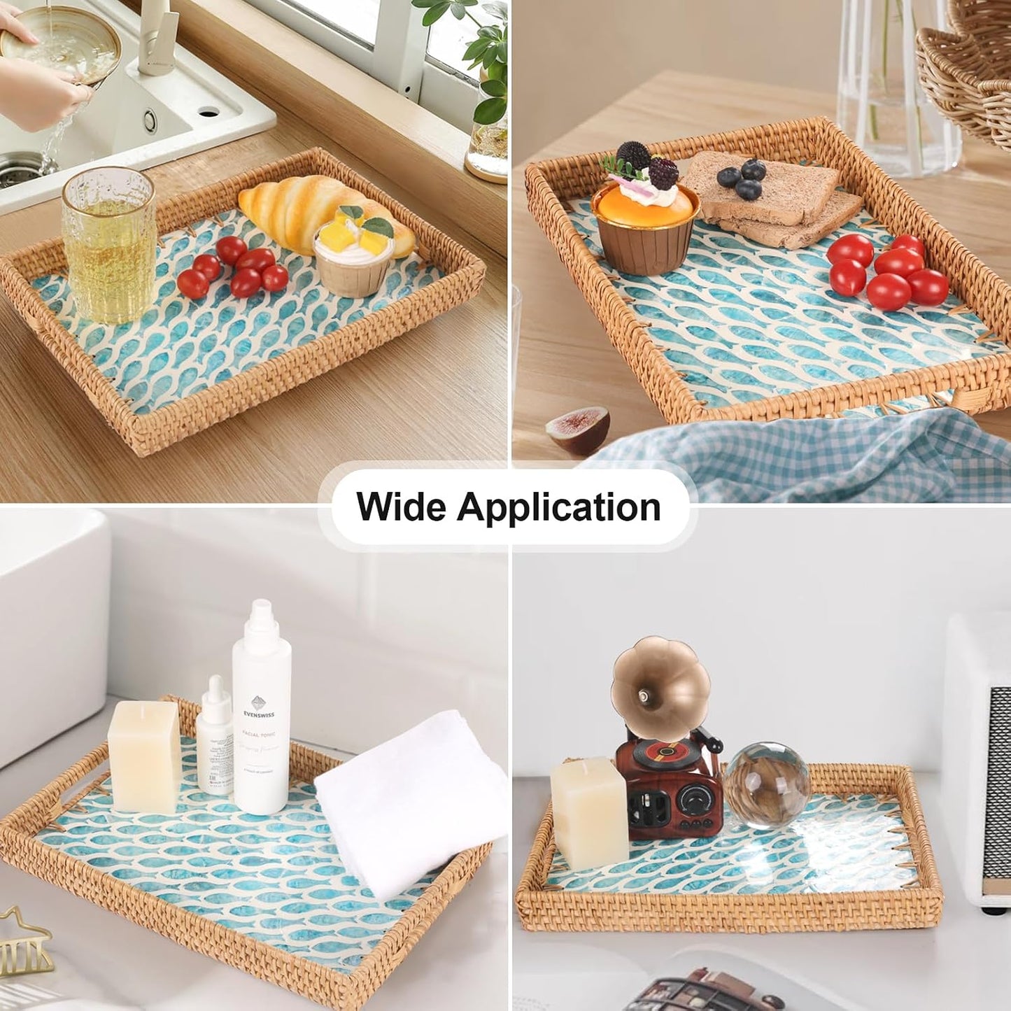 Rattan Serving Tray / Turquoise Fish