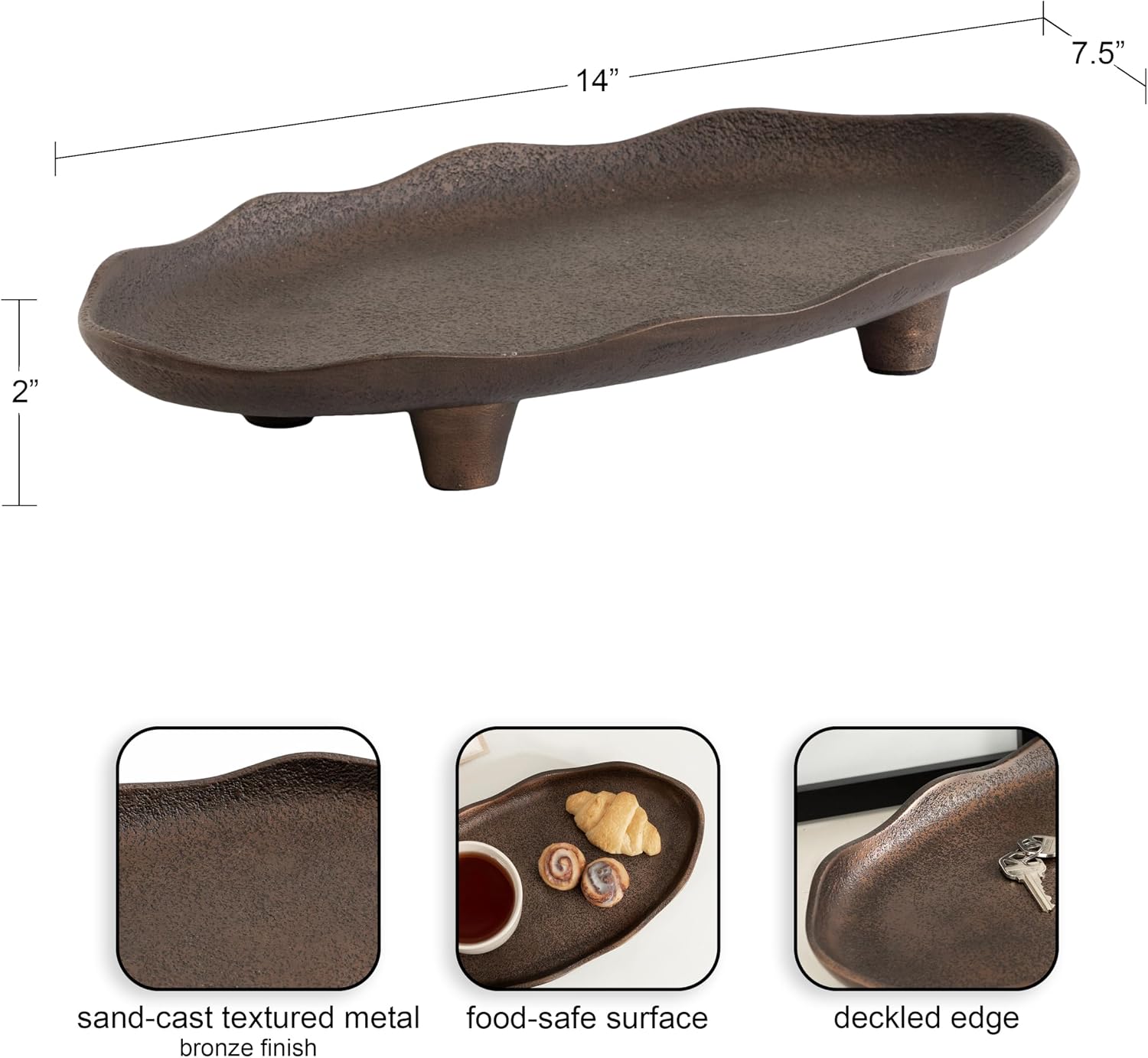 Alessia Modern Decorative Scalloped Oval Footed Metal Tray / Bronze / 14 x 8