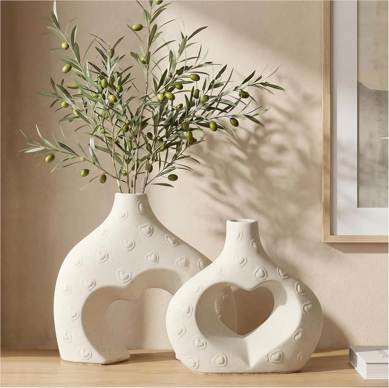 Ceramic Heart Flower Vase Home Decor / Large Cream White / Set of 2