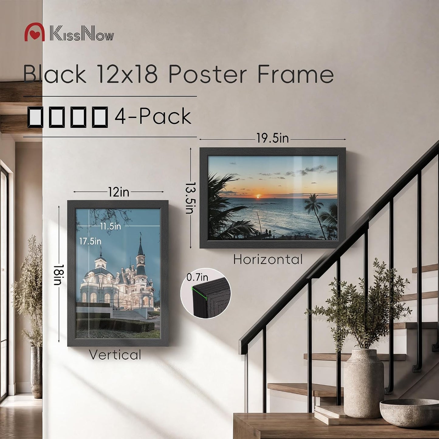 12x18 Poster Frame 4 Pack, Black Solid Wood, Gallery Wall Decor | Wall Hanging, Thick & Wide Border, Clear Plexiglass