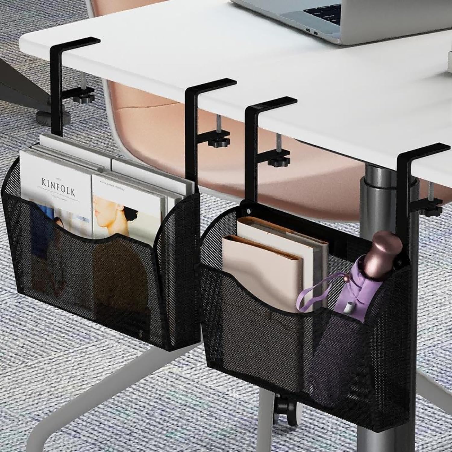 INLDY Under Desk Drawer, Desk Side Storage, Hanging Desks Organizer, Clamp On Mesh Metal Desks Organizer for Office and