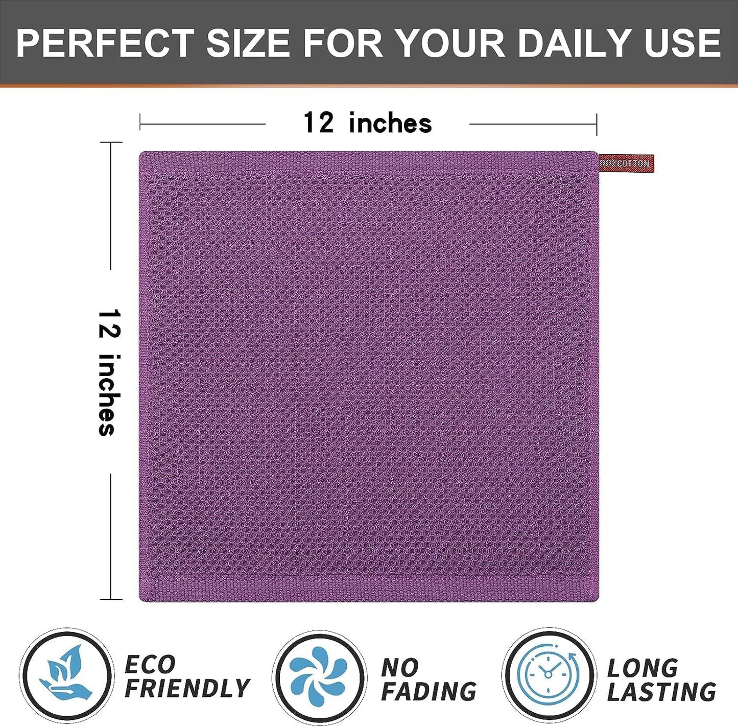 Kitinjoy 100% Cotton Waffle 12-Pack Kitchen Towels, 12" x 12", Violet | Ultra Absorbent, Super Soft, lightweight, Quick