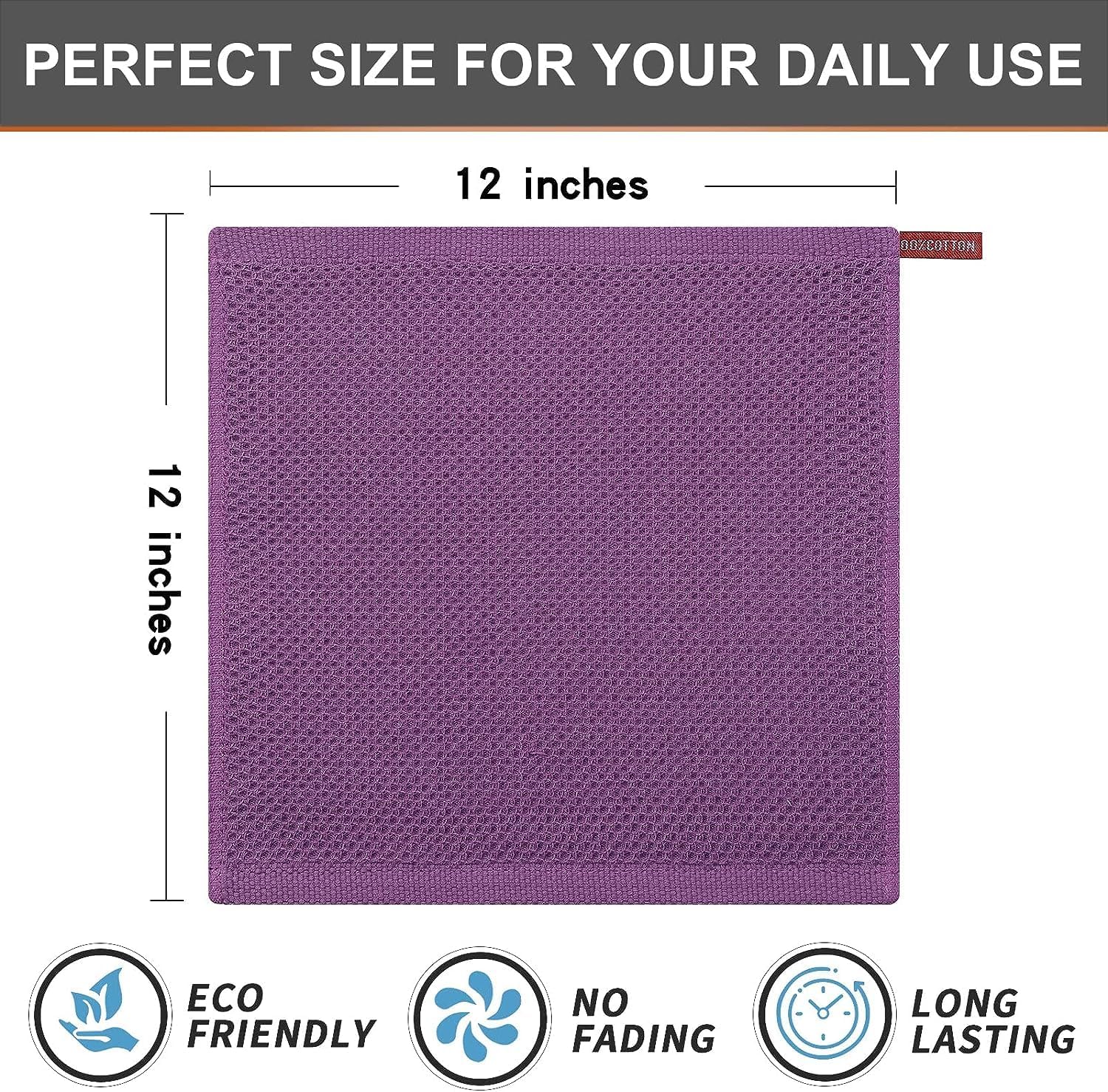 Kitinjoy 100% Cotton Waffle 12-Pack Kitchen Towels, 12" x 12", Violet | Ultra Absorbent, Super Soft, lightweight, Quick