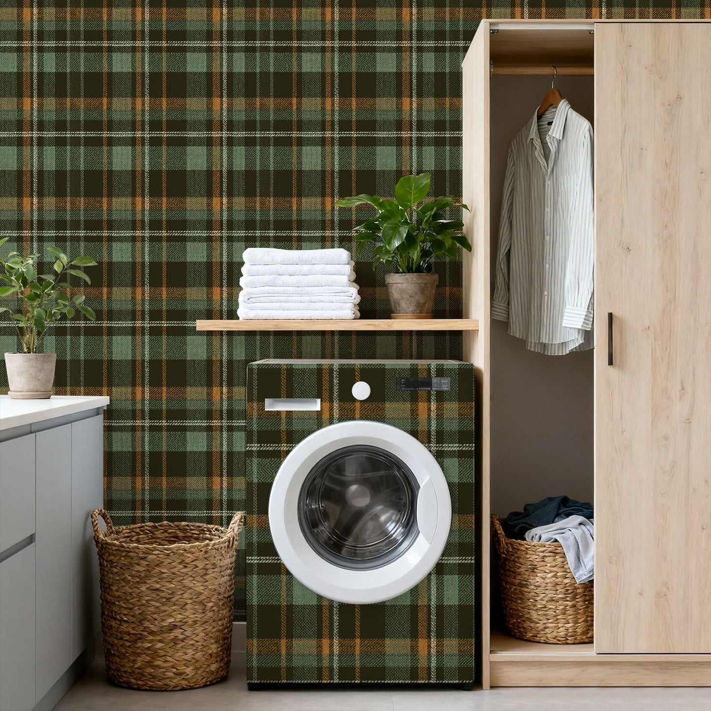 Peel and Stick Wallpaper Plaid green Herringbone textured seamless / Multi8 / 24 x 118 / Brown