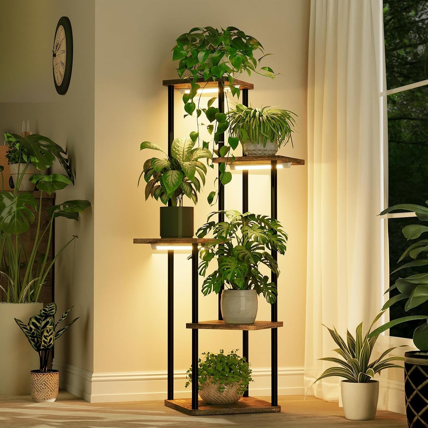 Bamworld Tall Plant Stand Indoor with Grow Light Corner Plant Shelf | 5 Tier Plant Shelf with Grow Lights for Plants