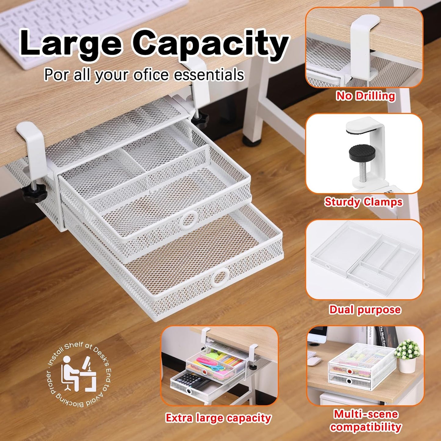 ROSYLINE Under Desk & Desktop Drawer Organizer, 2-Tier Big Capacity | Steel Construction, Clip-On No Drill
