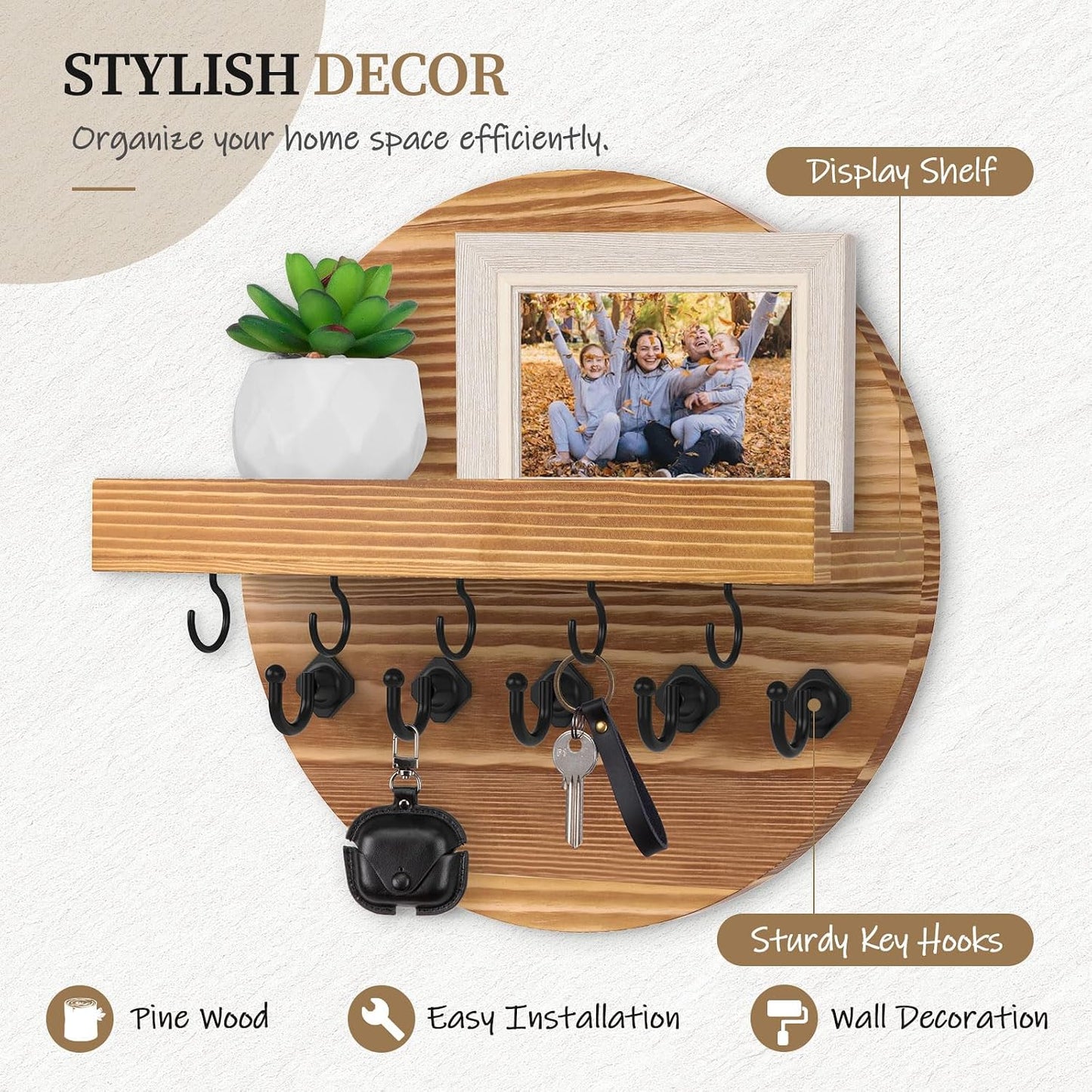Round Wooden Rustic Wall Organizer for Entryway / Light Brown / 9.8 Inch