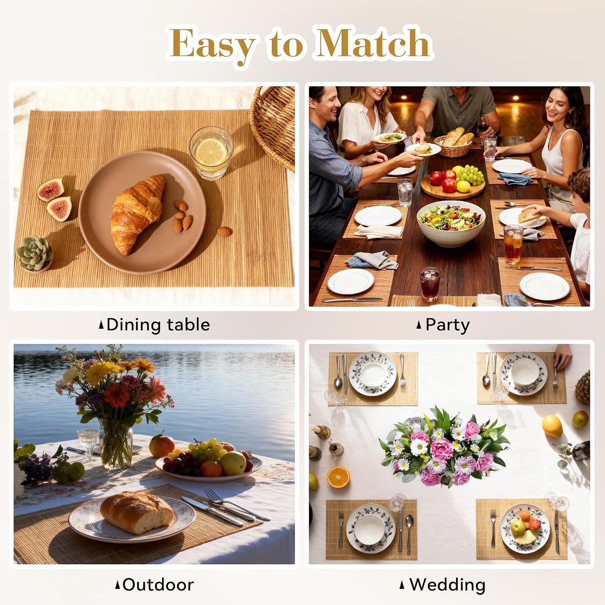 8-Pack Bamboo Placemats,Woven Heat-Resistant Rectangular Table Mats,Natural Dining Place Mats, Rustic Japanese Style