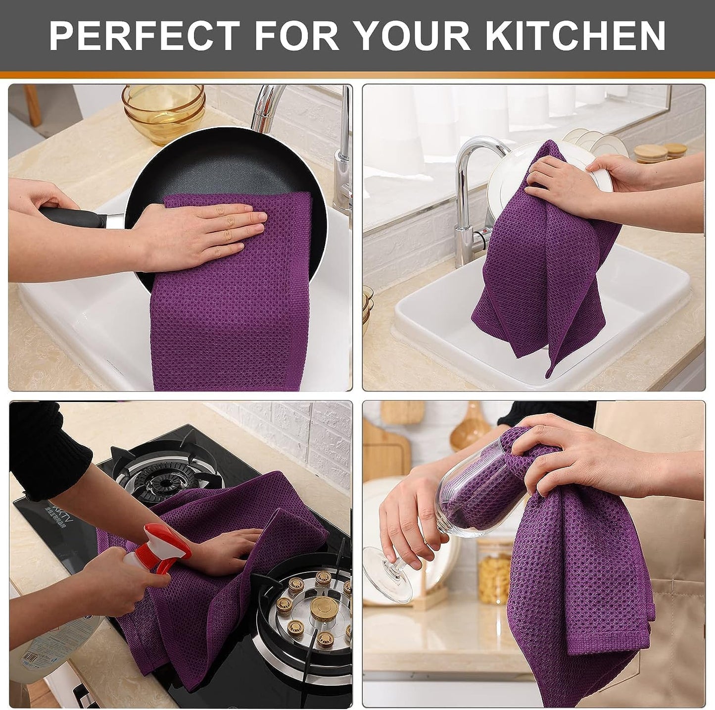 Kitinjoy 100% Cotton Waffle 8-Pack Kitchen Towels, 13" x 28", Violet | Super Soft, Ultra-Absorbent, Fast Drying