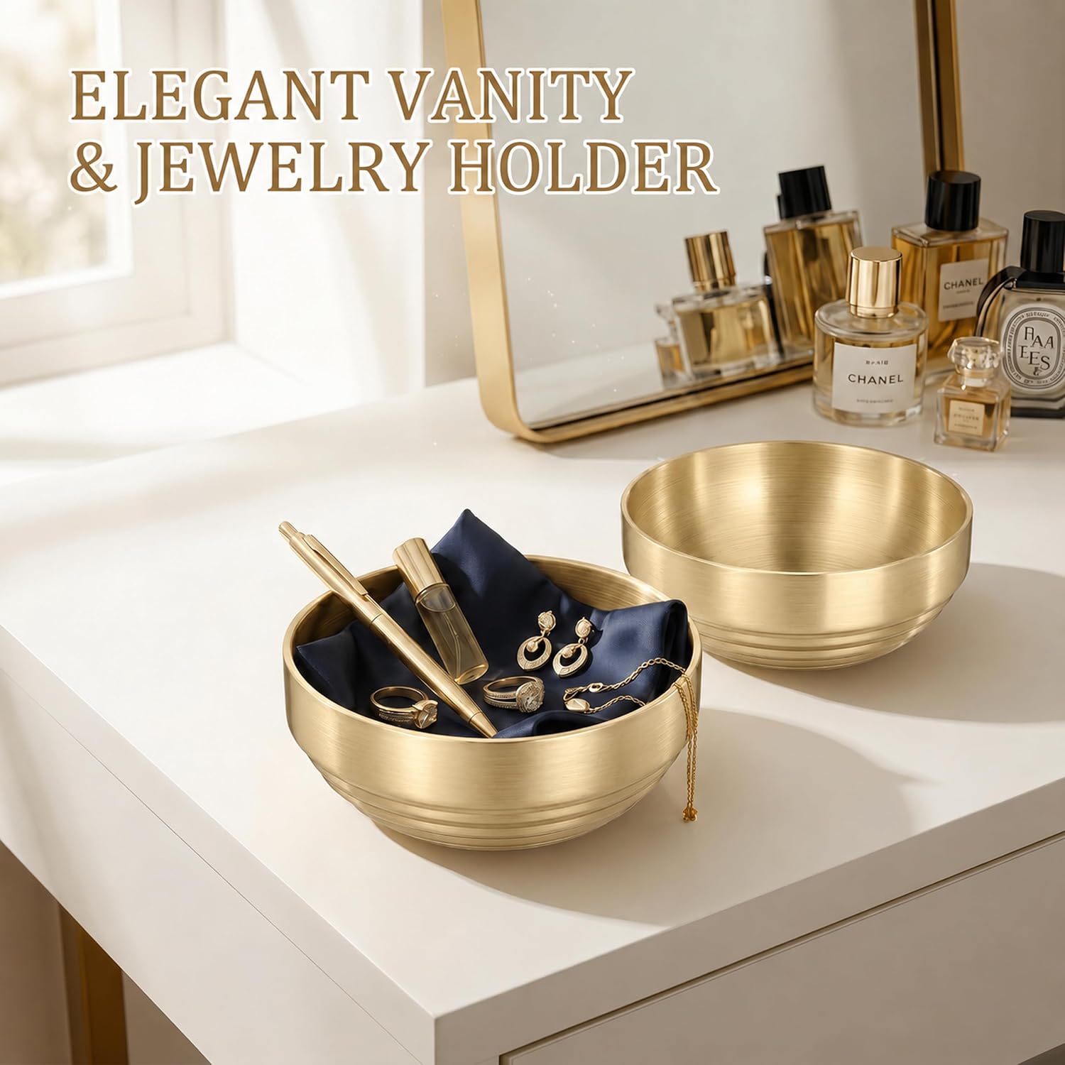 Catch All Bowl & Key Holder Tray / Gold / 7.4 Inch / Set of 2