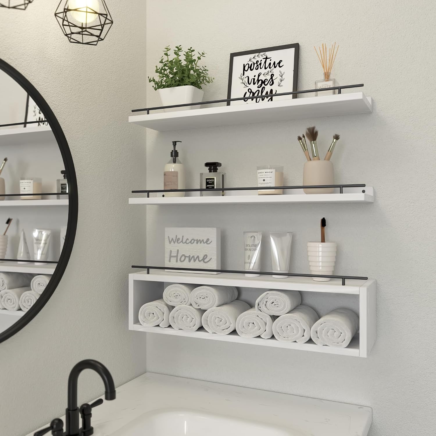 Floating Shelves for Wall 24 inch with Cube Shelf, Wall Shelves with Metal Rail for Bathroom Decor, Bathroom Organizers
