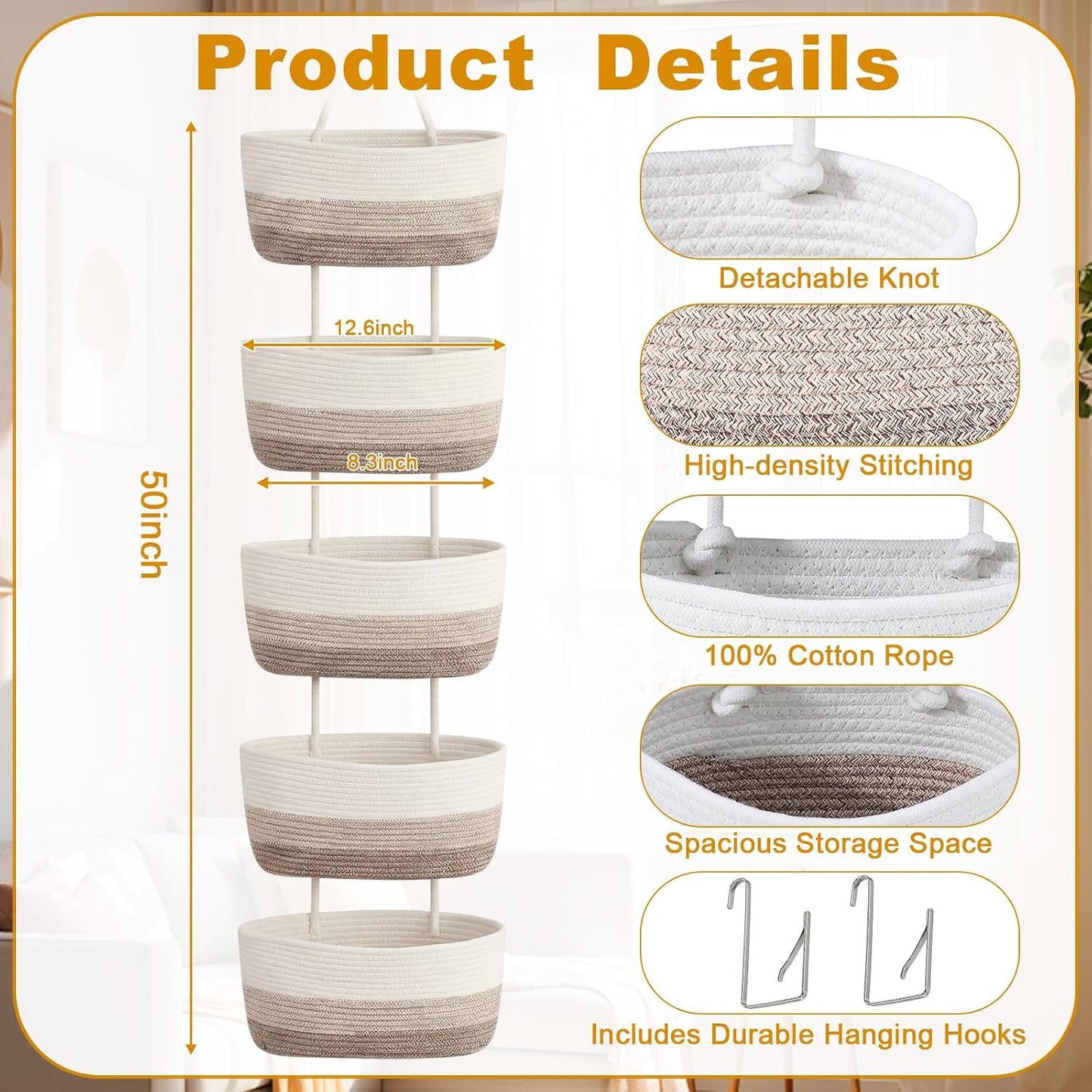 5 Tier Over The Door Hanging Basket Boho Woven Cotton Wall Mounted Storage Organizer Bag / Brown