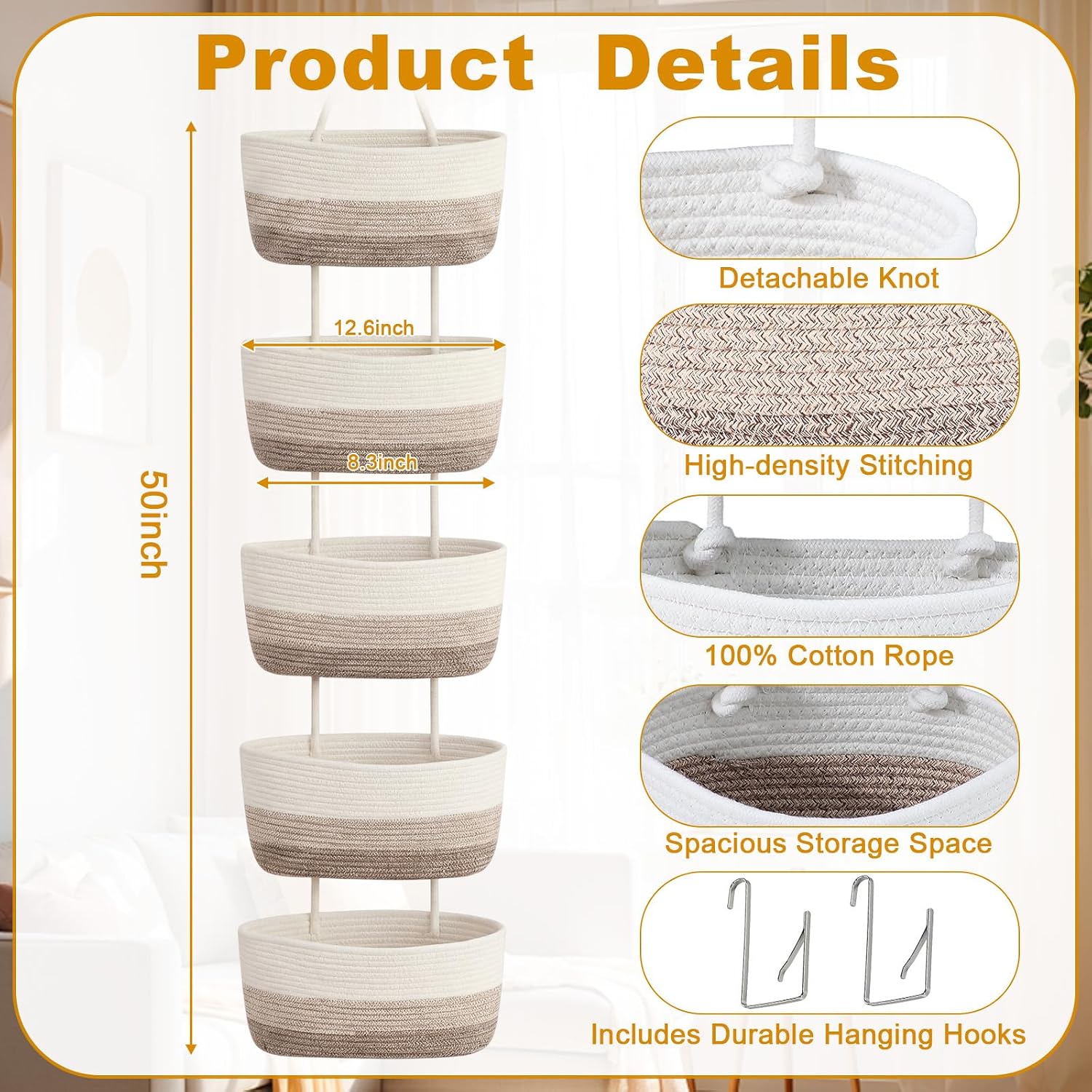 5 Tier Over The Door Hanging Basket Boho Woven Cotton Wall Mounted Storage Organizer Bag / Brown