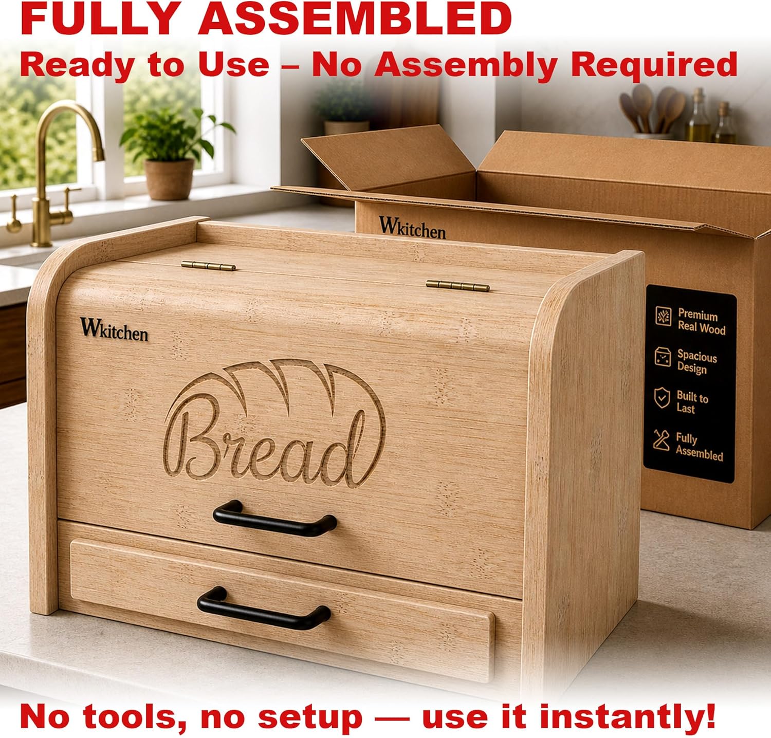 KNIFEPLANET Premium FULLY ASSEMBLED Bamboo Bread Box – Extra Large Real Wood Bread Box for Kitchen Countertop Storage