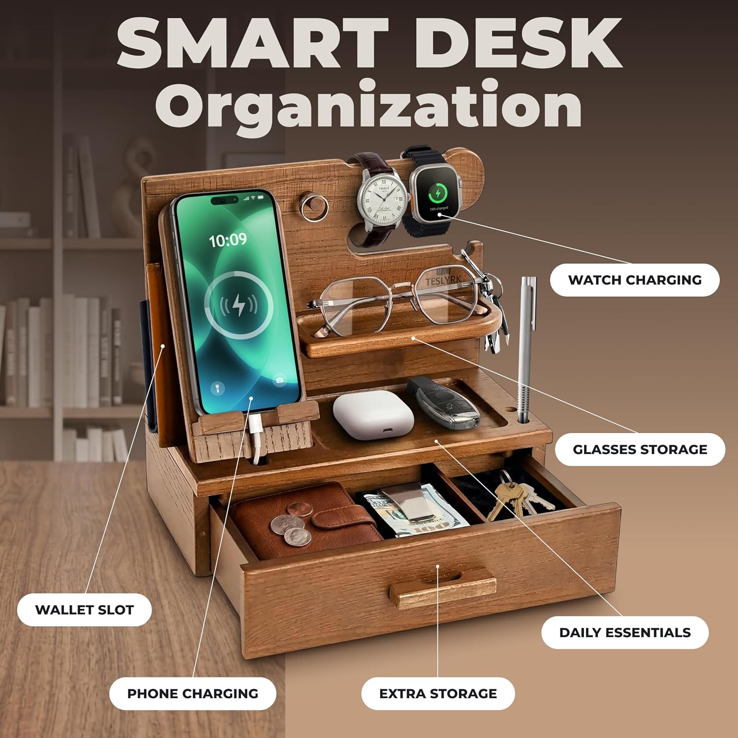 TESLYAR Wood Phone Docking Station with Drawer - Nightstand Organizer - Desk Organizer for Husband - Birthday Gifts for
