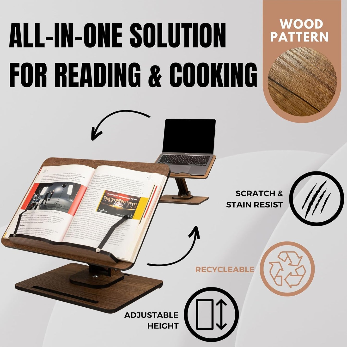 Vigo Wood Book Stand for Reading 360° Adjustable, Wooden Laptop Stand, Cookbooks Holder, Music Scores, Featuring