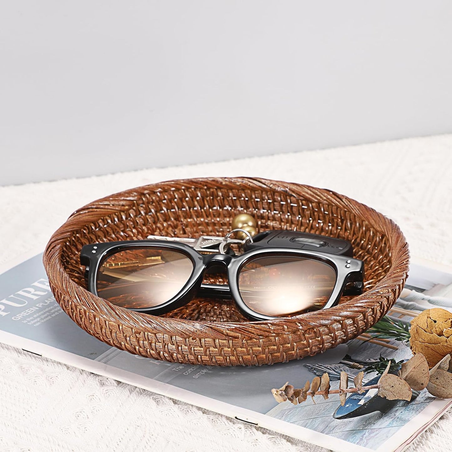 Small Key Basket Bowl for Entryway 7.6" Round Woven Wicker Basket Fruit Serving / Small, 7.6 / Brown
