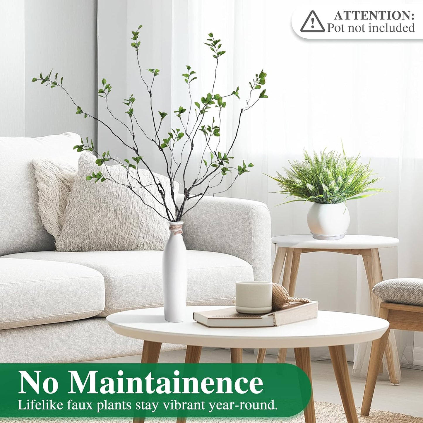 Faux Greenery Stems Branches for Vases / Green / Set of 4
