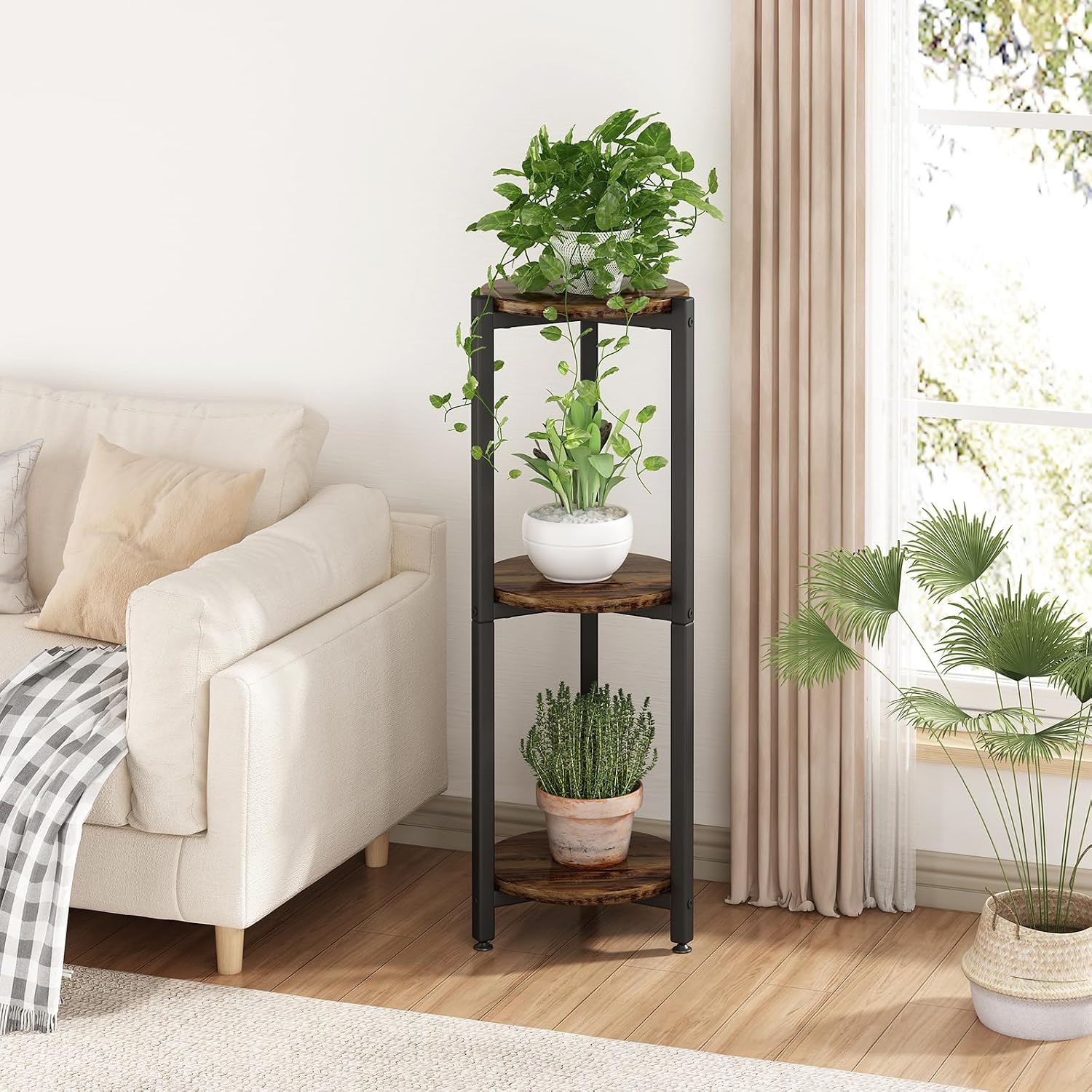 3 Tier Plant Stand Indoor Corner Tall Round Shape Plant Shelf | Modern Metal MDF board Flower Storage,Suitable tight