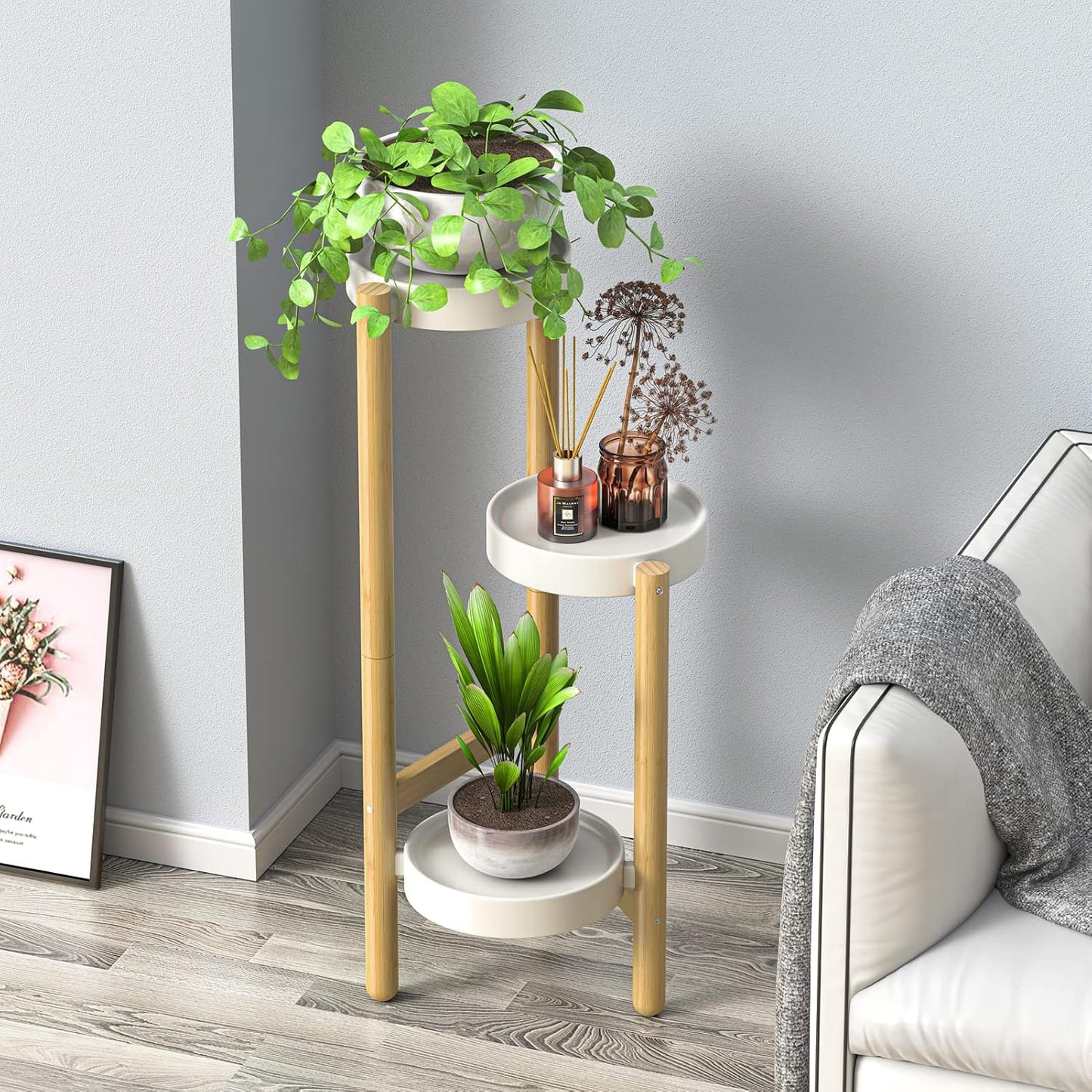 3 Tier Plant Stand Indoor, Tall Bamboo Corner Shelf for Multiple Plants | Narrow 3-Tier Display, Easy-Clean