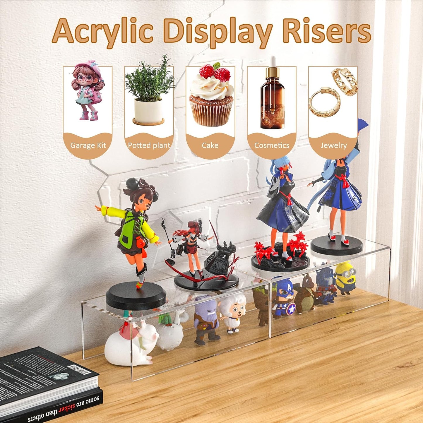 Sezanrpt Acrylic Shelf Riser 12x5.1x4 pack of 2, Clear Acrylic Stand for Funko Pop, Collectibles, Brand Store, Home