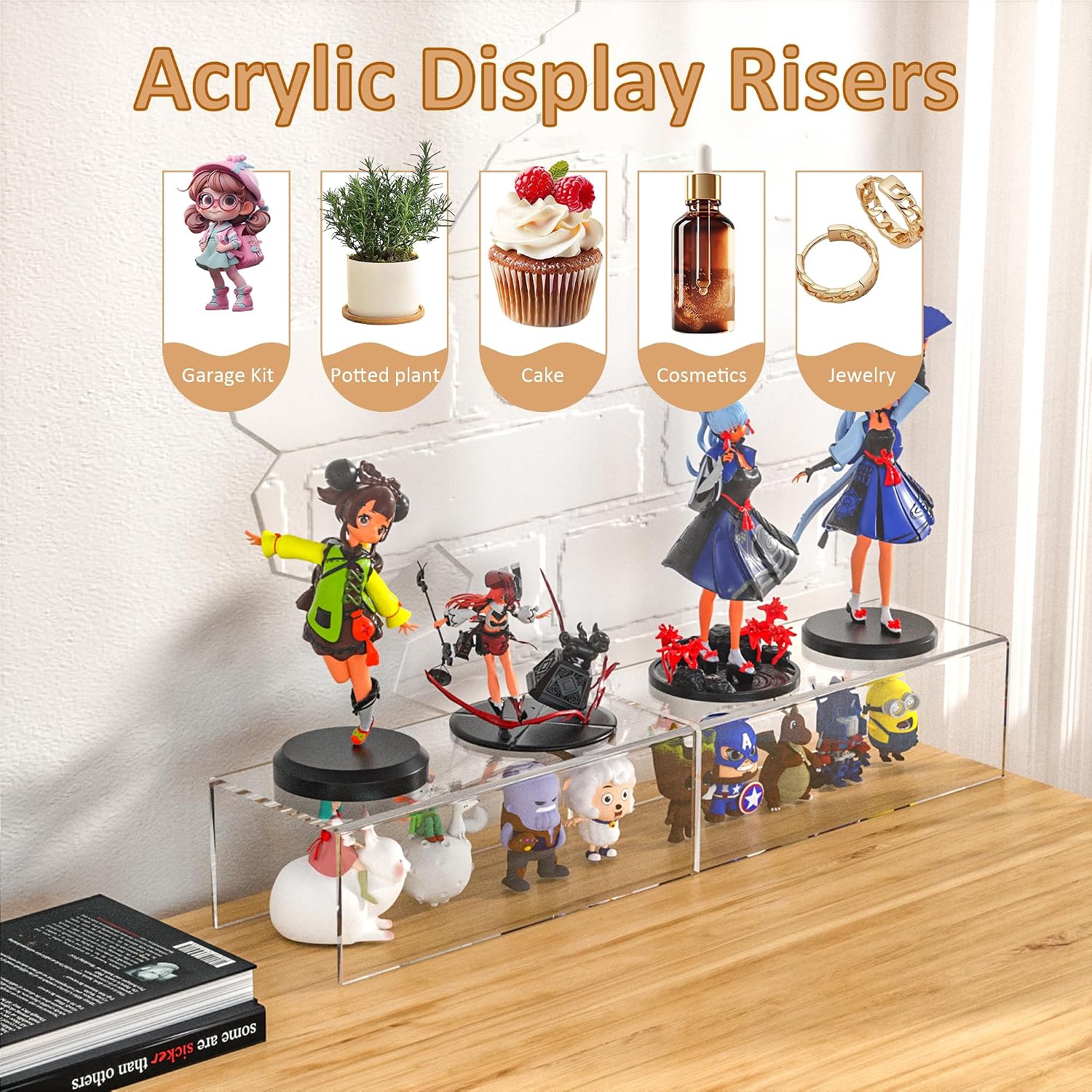 Sezanrpt Acrylic Shelf Riser 12x5.1x4 pack of 2, Clear Acrylic Stand for Funko Pop, Collectibles, Brand Store, Home
