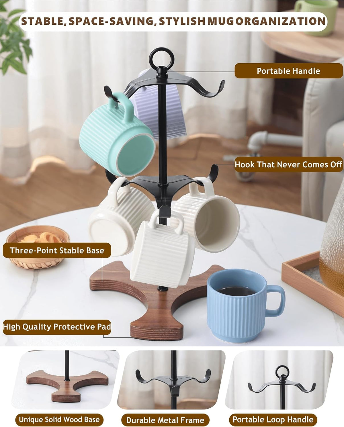 Mug Holder Tree for Countertop | 2-Tier Coffee Cup Stand & Rack Holds 6 Large Mugs, 5oz to 20oz | Space-Saving Mug