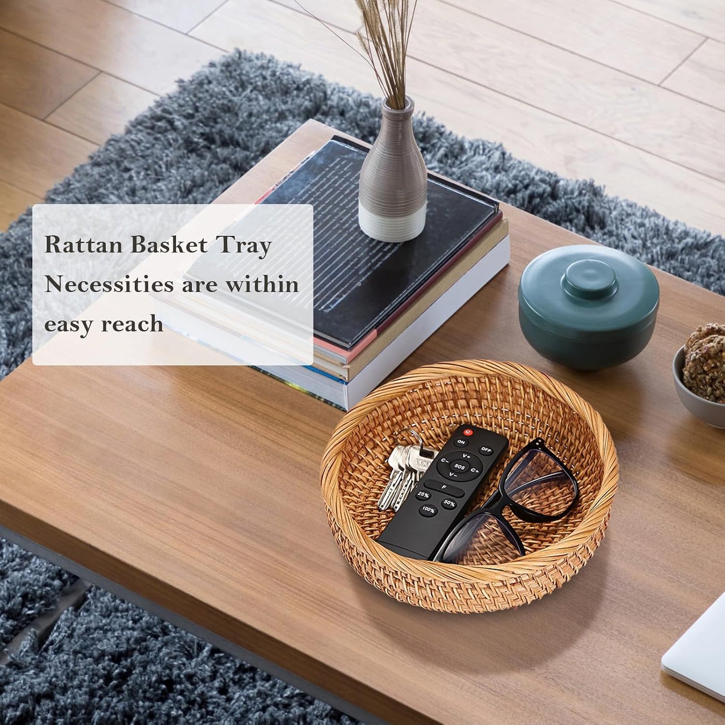 Small Keys Basket for Entryway Table 7.9" Rattan Key Bowl / 7.9" L x 7.9" W x 2.6" H / Natural Color