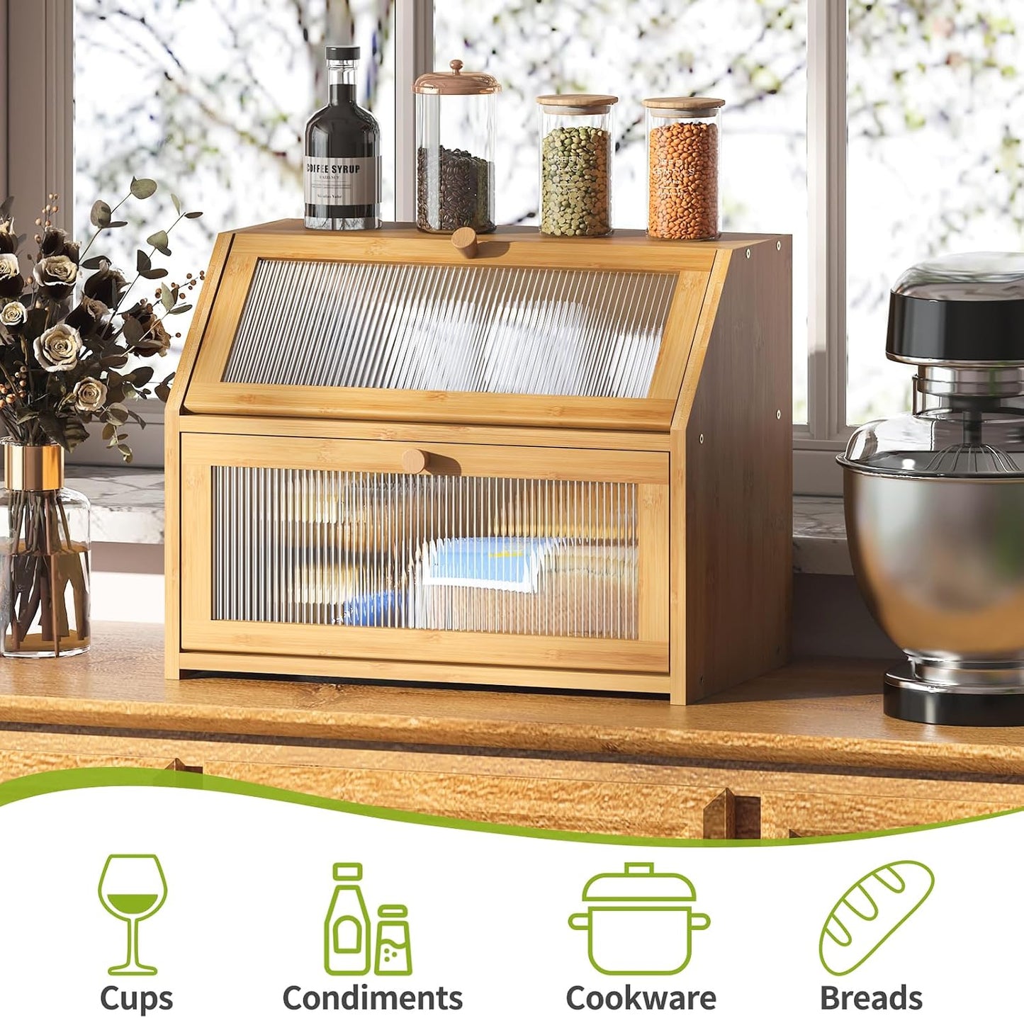 BMOSU Large Bread Box for Kitchen Countertop,Double Layer Bread Box for Kitchen Counter,Bamboo Wood Bread box Capacity