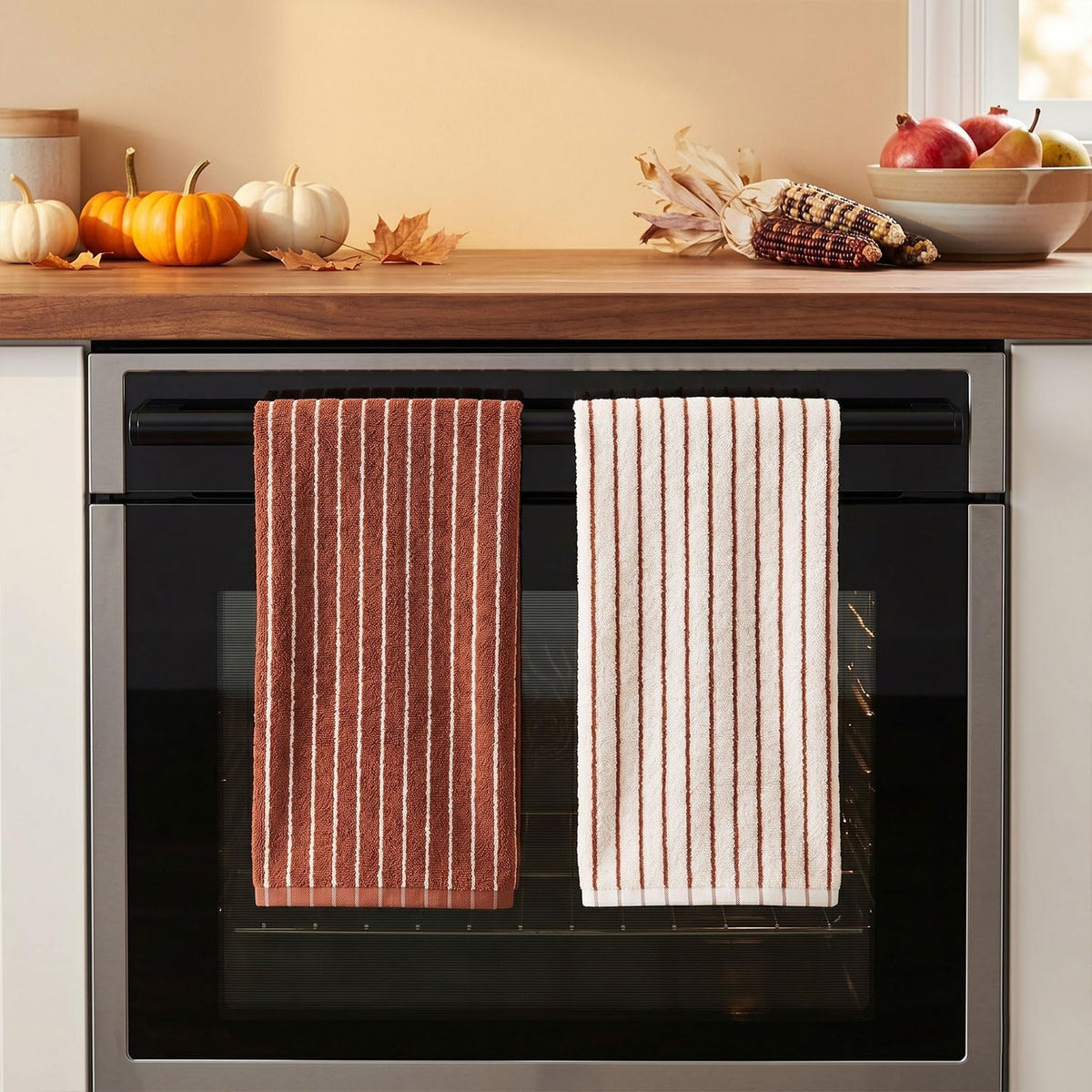 Striped Cotton Hand Towels Set of 4 - Soft, Absorbent Towels for Bathroom | Kitchen & Fall Gatherings, 13" x 29"